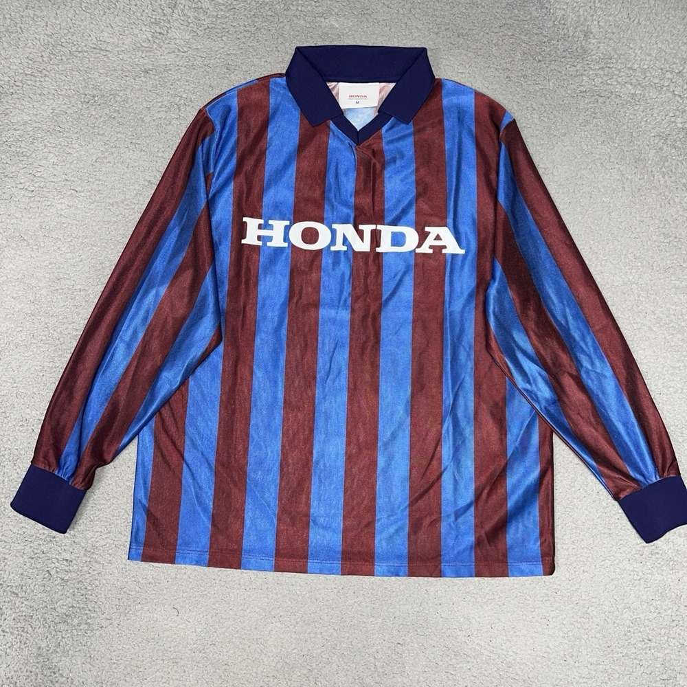 Official Honda Soccer Jersey Men's Size M Red Blue Striped Polo Long Sleeve Tee
